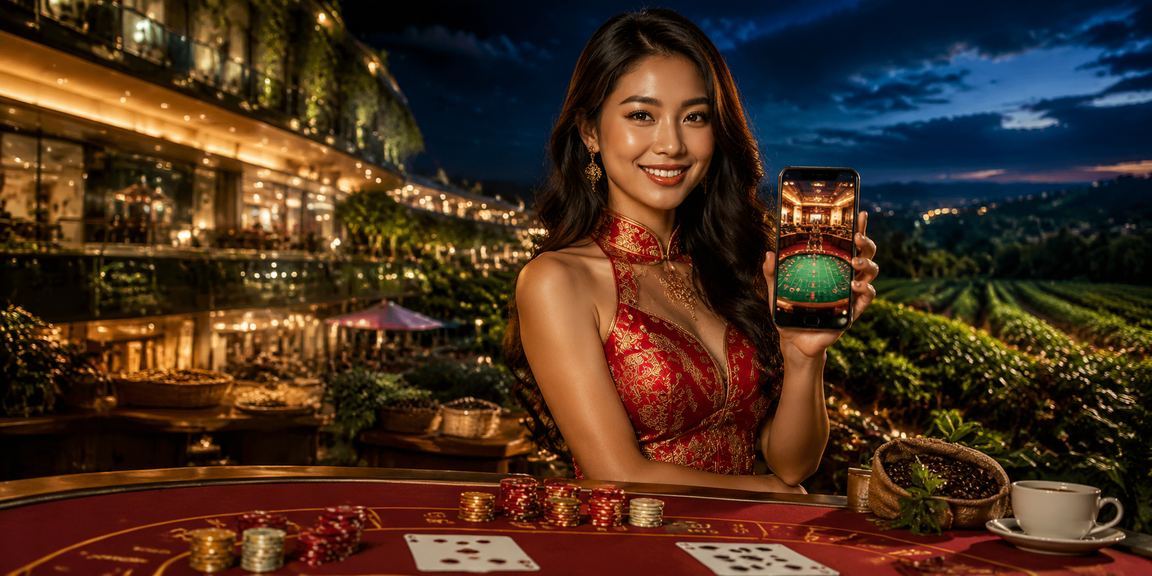 Người chơi trải nghiệm casino mobile tại Nha Trang với áo dài và đèn neon